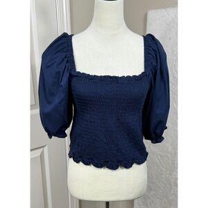 LOFT Smocked Top Puff Sleeve‎ Square Neck Navy Blue Blouse Chic Feminine Size L